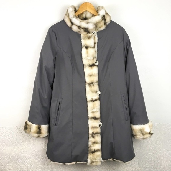 Hal Rubenstein gray leopard lined faux fur jacket Medium Penny Lane coat - Picture 1 of 14